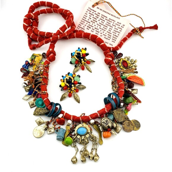 Handcrafted Charm Necklace Loaded with Worldwide Milagros Chachkas with Earrings - Picture 1 of 16